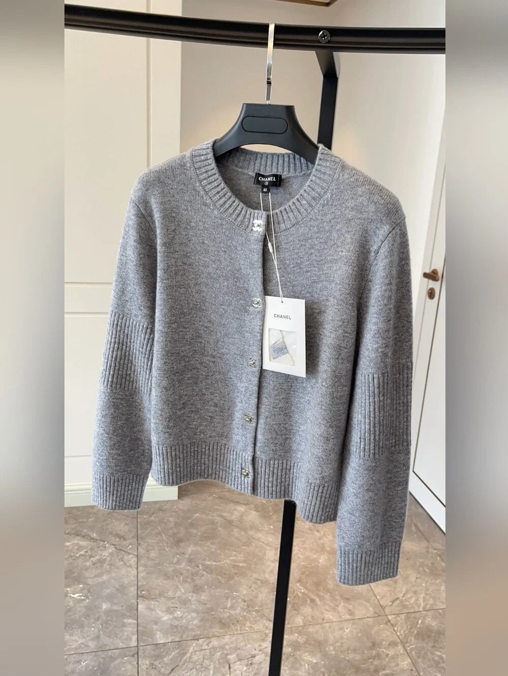 CHANEL Gray Cashmere Crewneck Cardigan